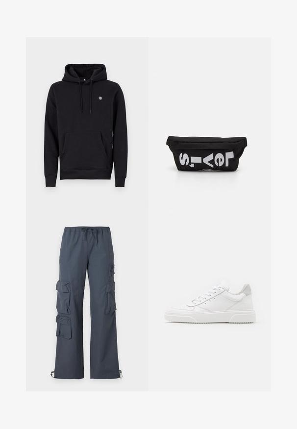 Sort hætte sweatshirt lavet af en bomuldsblanding. Har en front kangaroo lomme, ribbede manchetter og et lille logo på brystet.; Mørkegrå cargo bukser med elastisk talje, flere store lommer på siderne og justerbare manchetter ved anklerne.; Hvide lædersneakers med en glat finish, rund tå, flade snørebånd og en struktureret sål. Grå ruskindsdetalje ved hælen.; Sort stoftaske med flad form, prydet med fed hvid tekst. Lynlåsen er placeret øverst, med en løkke detalje på den ene side.