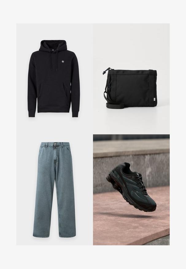 Zwarte hoodie van katoenmix. Heeft een voorzak, geribbelde manchetten en een klein logo op de borst.; Lichtblauwe spijkerbroek met een rechte pasvorm, voorzien van een klassieke knoopsluiting en vijf zakken. Zachte textuur en minimale stikseldetails.; Zwarte atletische sneaker met zichtbare luchtgeveerde tussenzool die boven een roze stenen oppervlak zweeft met een grijze stenen muur op de achtergrond.; Zwarte stoffen schoudertas met een gestructureerde buitenkant, verstelbare schouderband en trekkoordsluiting. Voorzien van gedurfde stiksels en een zijlabel.