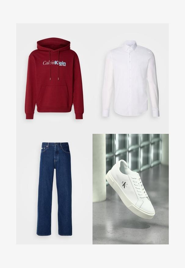 Sweatshirt à capuche bordeaux en tissu polaire, avec une poche kangourou, des poignets côtelés et le logo "Calvin Klein NEW YORK" en blanc et bleu.; Chemise blanche à manches longues en coton, dotée d'un col classique, de boutons à l'avant et de détails de couture minimalistes.; Jean en denim bleu foncé avec un design à jambes larges, doté d'une fermeture à bouton et d'un style à cinq poches classique. Le tissu a une texture lisse.; Baskets blanches Calvin Klein avec lacets, présentées en suspension au-dessus d'un sol en béton poli et d'un mur en blocs de verre en arrière-plan.