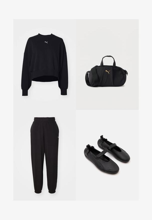 Sweatshirt noir court en tissu doux. Il est doté de manches longues, d'un col rond et d'un petit logo Puma blanc sur la poitrine.; Pantalon de survêtement noir en tissu doux, avec une taille côtelée et des chevilles resserrées. Comprend un petit logo sur le côté.; Paire de chaussures en cuir noir style Mary Jane avec arrière élastiqué et bride velcro, avec un logo Puma discret sur chaque orteil.; Sac bandoulière texturé noir avec poignées supérieures, large sangle réglable et petit logo Puma doré centré à l'avant.