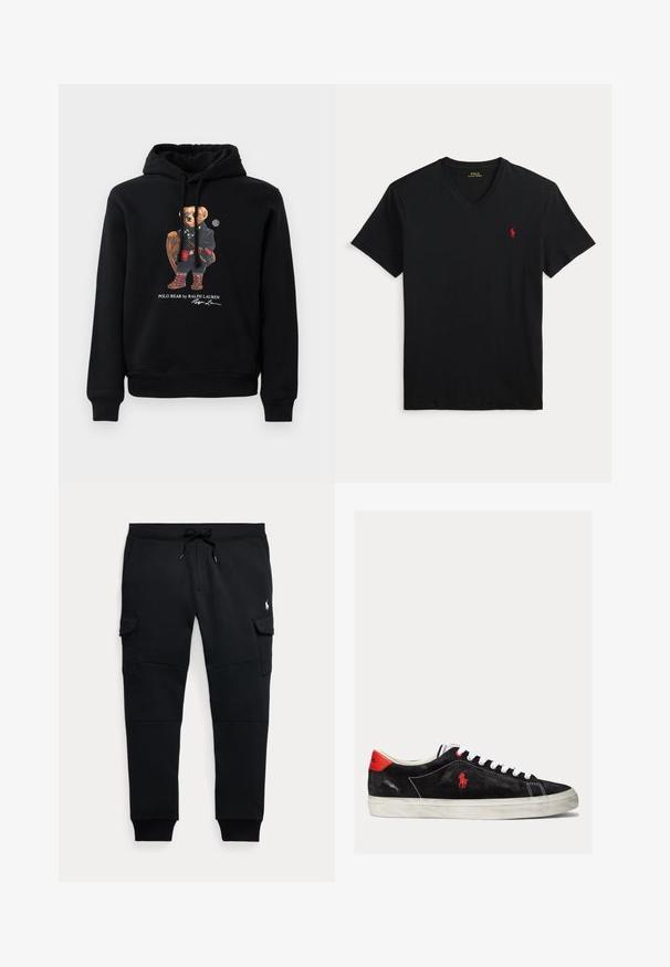 Must mingi musta kapuutsiga, millel on prillidega karu, seljas mantel, jalas saapad ning käes puust reket. All on kiri "Polo Bear by Ralph Lauren".; Must V-kaelusega lühikeste varrukatega T-särk, millel on vasakul rinnal väike punane Polo Ralph Laureni logo.; Mustad cargo-tüüpi jogger püksid, millel on nööriga talje, külgmised klapiga taskud, soonikuga varrukasääred ja väike valge polo mängija logo paremal reiel.; Mustmustest mustad valged paelad, punased aktsendid kanna juures ja väike punane logo. Omab lame kummitalda ja lihtsat õmblust.