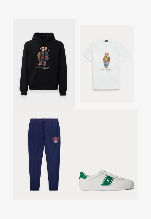Zwarte hoodie met een beer in een zonnebril, een jas, laarzen, en met een houten racket in de hand, met de tekst "Polo Bear by Ralph Lauren" eronder.; Wit katoenen T-shirt met een afbeelding van een geklede cartoonbeer. Opvallende details zijn een bruine jas, gele hoodie en blauwe spijkerbroek.; Marineblauwe joggingbroek met trekkoord in de taille en rood "POLO" logo en embleem op de bovenste linker dij.; Witte lage sneaker met groene streep en Polo-logo aan de zijkant, groene hieltab en witte veters, vanaf de linkerkant getoond op een effen achtergrond.