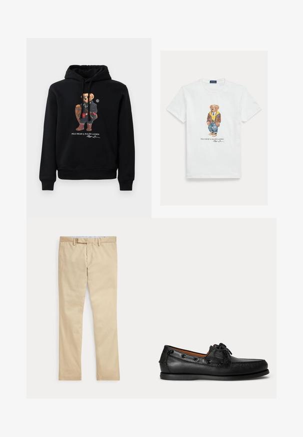 Schwarzer Hoodie mit einem Bären, der Sonnenbrillen trägt, einen Mantel, Stiefel angezogen hat und einen Holzschläger hält, mit dem Text "Polo Bear by Ralph Lauren" darunter.; Weißes Baumwoll-T-Shirt mit einer Grafik eines gekleideten Cartoon-Bären. Auffällige Details sind eine braune Jacke, eine gelbe Kapuzenjacke und blaue Jeans.; Beige gerade Hose mit Gürtelschlaufen und einem vorderen Reißverschluss, flach auf weißem Hintergrund gelegt.; Schwarzer Ledermokassin mit Schnürdetail und flacher Gummisohle, seitlich auf hellem Hintergrund gezeigt.