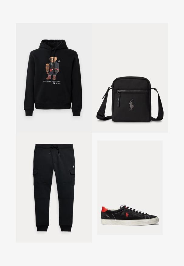 Sudadera negra con un oso usando gafas de sol, un abrigo, botas, y sosteniendo una raqueta de madera, con el texto "Polo Bear by Ralph Lauren" debajo.; Pantalones jogger cargo negros con cintura ajustable con cordón, bolsillos laterales con solapa, puños acanalados y pequeño logo blanco de jugador de polo en el muslo derecho.; Zapatillas de ante negro con cordones blancos, acentos rojos en el talón y un pequeño logo rojo. Presenta una suela de goma plana y un cosido sencillo.; Bolso pequeño negro bandolera con bolsillo delantero con cremallera, correa ajustable y logo bordado de jugador de polo en el frente.