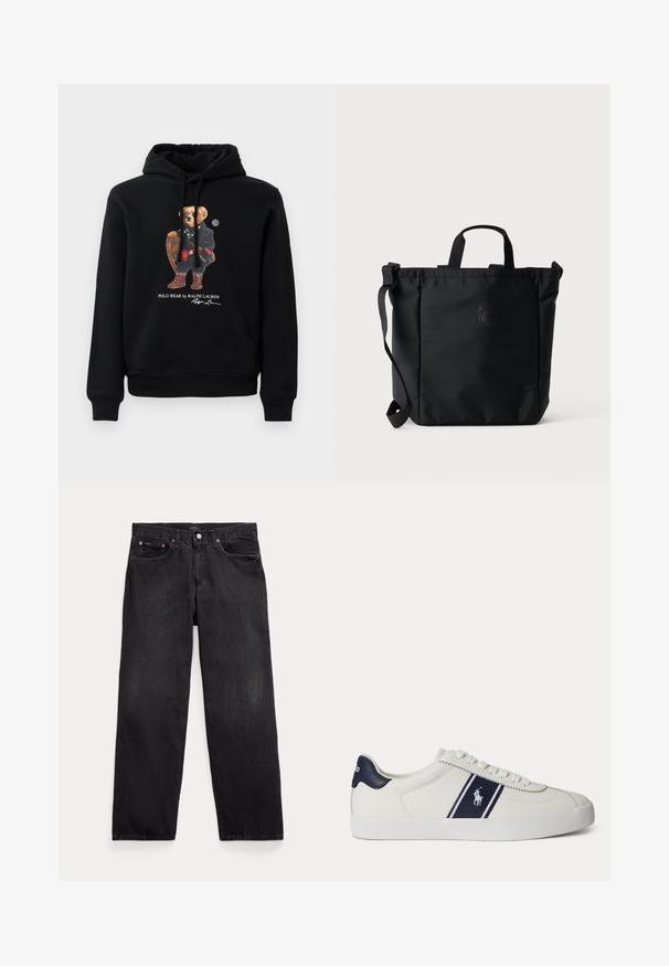 Must mingi musta kapuutsiga, millel on prillidega karu, seljas mantel, jalas saapad ning käes puust reket. All on kiri "Polo Bear by Ralph Lauren".; Mustad sirgete lõikega teksapüksid viie tasku, nööpidega kinnituse ja nähtavate metallnappidega esimestel taskutel.; Valge madala säärega toss, millel on küljel tumesinise triibu ja logoga ning tumesinine kanna klamber, lame valge tald ja valged paelad.; Must käekott tõstetavate sangadega, reguleeritava õlarihmaga ja peene tikitud logoga esiküljel keskel.
