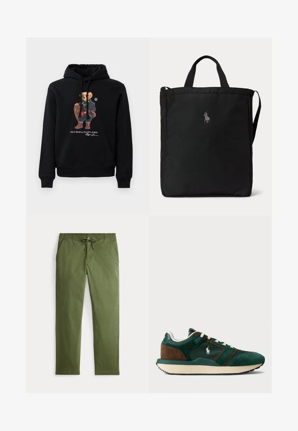 Schwarzer Hoodie mit einem Bären, der Sonnenbrillen trägt, einen Mantel, Stiefel angezogen hat und einen Holzschläger hält, mit dem Text "Polo Bear by Ralph Lauren" darunter.; Herren Olivgrüne Casual-Hosen mit elastischem Bund, Kordelzug, Knopfverschluss und Seitentaschen, flach auf einem weißen Hintergrund präsentiert.; Herren Sneaker aus dunkelgrünem und braunem Wildleder, mit Mesh-Einsätzen, weißen Schnürsenkeln und einer Gummisohle. Mit einem Logo an der Seite.; Schwarze rechteckige Tote-Tasche mit kurzen Griffen, einem langen Schulterriemen an der Seite und einem kleinen bestickten Polo-Spieler-Logo in der vorderen Mitte.