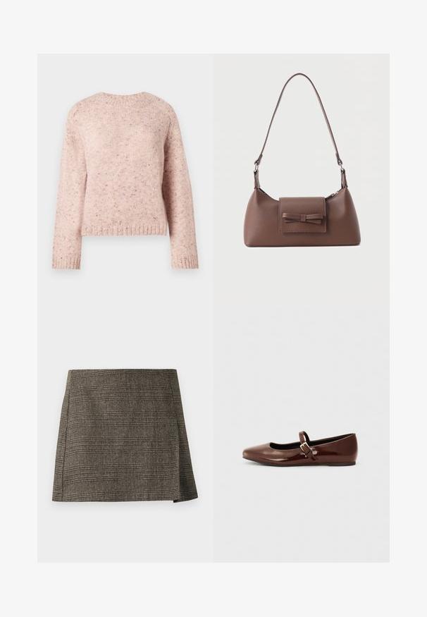 Lyserød sweater lavet af tekstureret strikstof, med rund hals og lange ærmer. Subtile prikker tilføjer detaljer til designet.; Brun og grå plaid mini nederdel med subtilt sidesnit, lige snit og tekstureret stof.; Brun patentlæder balletflade med firkantet tå og strop med en lille guldbuckle. Glat tekstur, lav hæl og minimalistisk design.; Brun skuldertaske i læder med en frontlomme med klap, der har en sydd sløjfedetalje, og en justerbar rem.