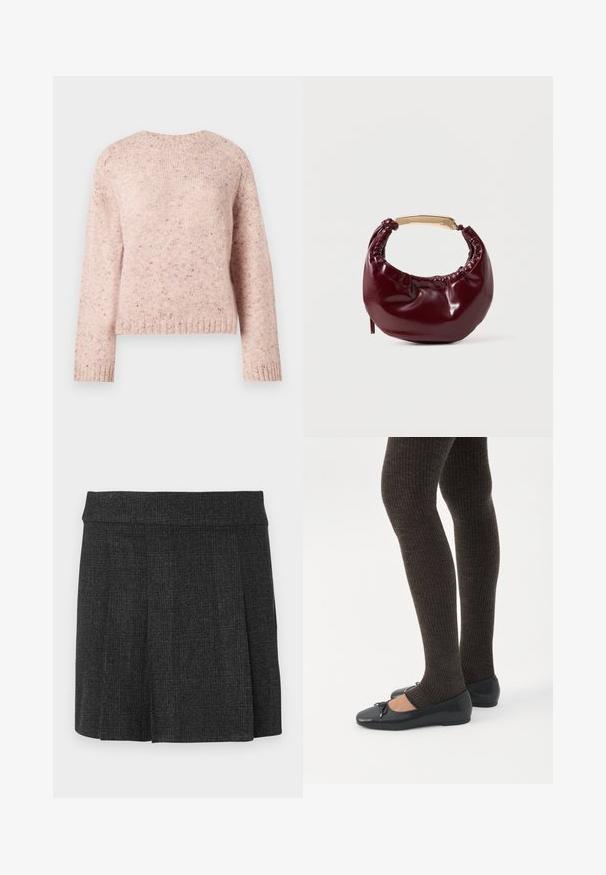 Pull en maille texturée de couleur rose, avec un col rond et des manches longues. Des éclats subtils ajoutent du détail au design.; Jupe noire plissée en tissu texturé. Ceinture mi-haute avec des lignes épurées. Coupe classique adaptée à diverses occasions.; Jambes portant des leggings côtelés foncés associés à des ballerines noires avec de petits détails en nœud sur fond blanc.; Sac à main en simili cuir bordeaux avec une forme arrondie, des détails froncés et une anse en métal doré. Texture lisse et finition brillante.