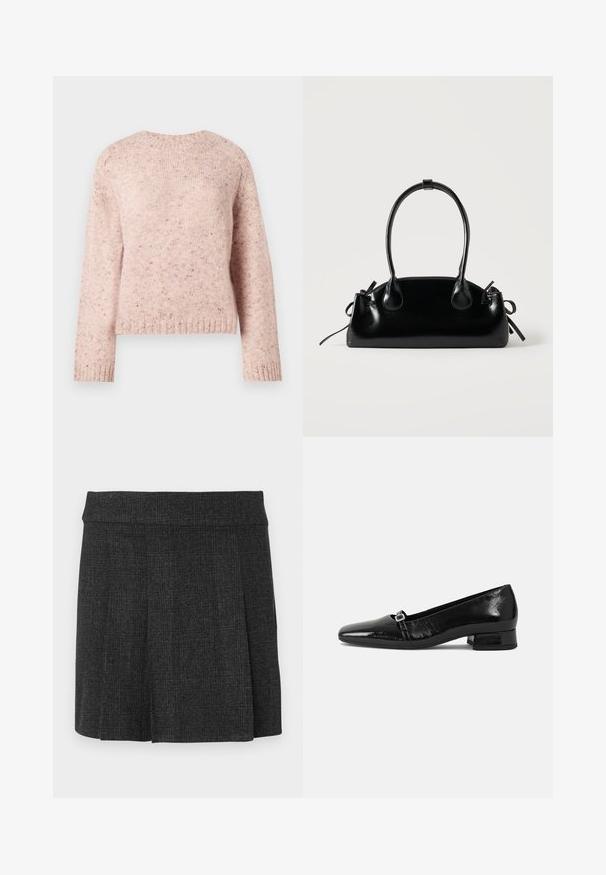 Pull en maille texturée de couleur rose, avec un col rond et des manches longues. Des éclats subtils ajoutent du détail au design.; Jupe noire plissée en tissu texturé. Ceinture mi-haute avec des lignes épurées. Coupe classique adaptée à diverses occasions.; Ballet flats en cuir verni noir avec un bout pointu, un petit talon carré et un détail de boucle métallique sur la sangle. Texture lisse.; Petit sac à main noir brillant avec deux longues anses et des détails à cordon sur les côtés sur un fond clair uni.