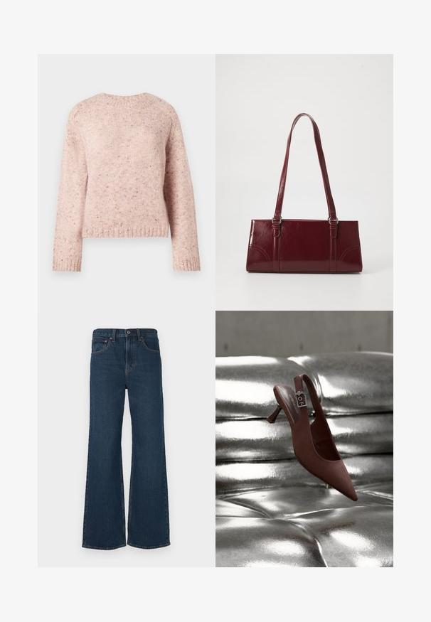 Lyserød sweater lavet af tekstureret strikstof, med rund hals og lange ærmer. Subtile prikker tilføjer detaljer til designet.; Mørk vask, smækkede bukser lavet af denim. Har fem lommer, en knaplukning og synlige syninger langs sømmene.; Brun spids slingback-sko med lav hæl og spænde, hvilende på en skinnende, metallisk sølv tuftet overflade.; Bordeaux håndtaske lavet af glansfuldt materiale, rektangulær form, med to skulderremme og subtile buede detaljer på forsiden.