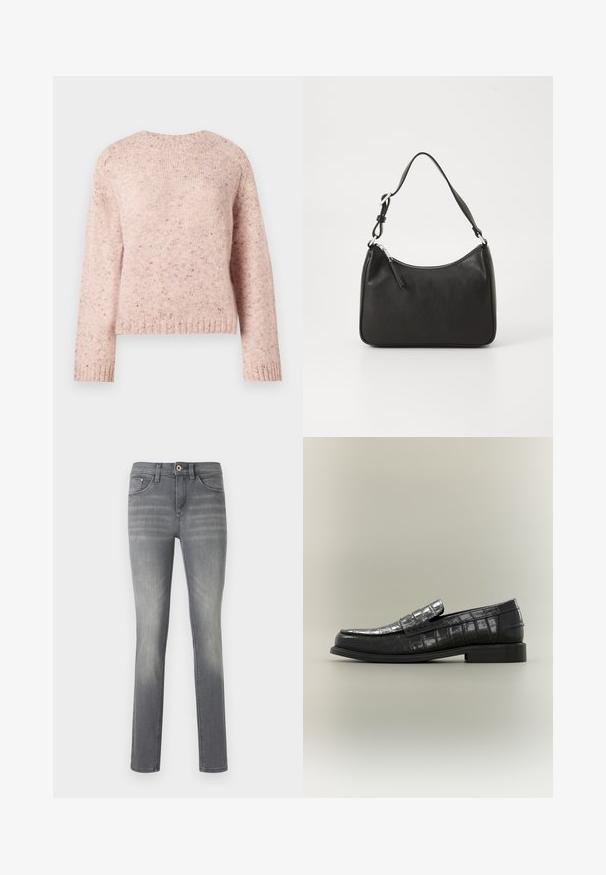 Lyserød sweater lavet af tekstureret strikstof, med rund hals og lange ærmer. Subtile prikker tilføjer detaljer til designet.; Grå denim jeans med en slim fit, der har en falmet vask, fem lommer, en knaplukning og diskrete syninger.; Sort laklæder loafer med krokodillemønster, flad sål og en dekorativ rem tværs over forfoden. Glat tekstur og slankt design.; Sort læderhåndtaske med en buet form, en enkelt rem, lynlås lukning og diskret branding på forsiden. Glat tekstur, minimalistisk design.
