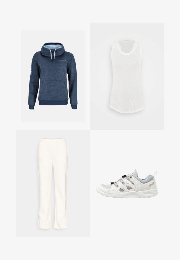 Mørkeblå hættetrøje med lange ærmer, kængurulomme, høj snørehals og "SWEDEMOUNT" logo på bryst og ærme, ensfarvet baggrund.; Hvid tanktop med et tekstureret diamantmønster, rund halsudskæring og ærmeløs design. Letvægts- og åndbart materiale. Glatte trimningsdetaljer.; Kremfarvede joggingbukser med elastisk linning, lige ben, blød tekstur og sidelommer. Ingen synlige mønstre eller detaljer.; ECCO TERRACRUISE LT - Sneakers - shadow white/concrete