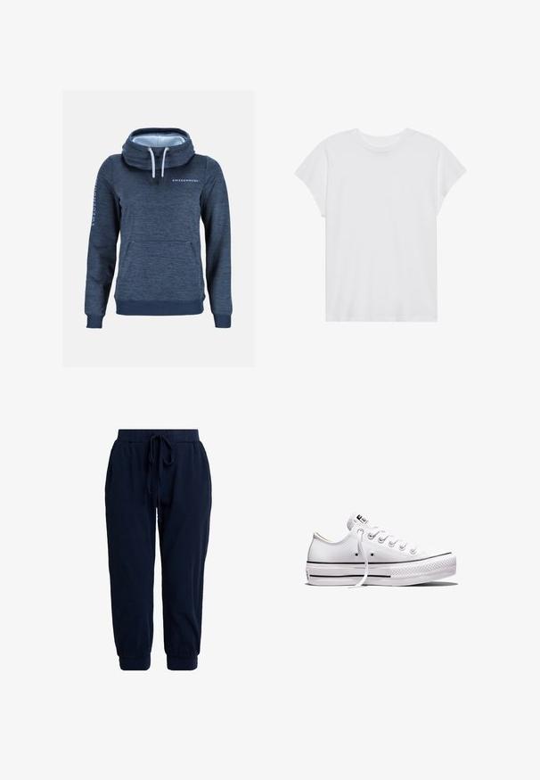 Dunkelblauer Kapuzenpullover mit langen Ärmeln, Kängurutasche, hohem Kordelzugkragen und "SWEDEMOUNT"-Logo auf Brust und Ärmel, schlichter Hintergrund.; Weißes kurzärmliges T-Shirt mit Rundhalsausschnitt, lockerer Passform, aus weichem Baumwollstoff. Glatte Textur, keine Muster oder Logos.; Marineblaue Jogginghosen aus weichem Stoff. Verfügen über einen elastischen Bund mit Kordelzug und abgesteppte Beinabschlüsse für eine lockere Passform.; Weißer Sneaker aus Segeltuch mit niedrigem Schnitt, weißen Schnürsenkeln, Gummisohle, schwarzen Streifendetails und Logopatch auf der Zunge und Ferse.