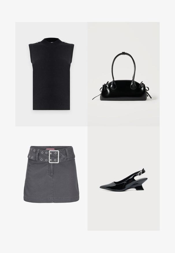 Veste sans manches en tricot noir avec col montant et deux petits boutons sur les coutures des épaules, tissu uni à texture mate.; Jupe mini en coton gris avec une large ceinture ornée d'œillets en argent et d'une boucle en métal carrée, conçue avec une silhouette épurée et droite.; Chaussure slingback en cuir verni noir avec bout pointu et petit talon bloc incliné sur fond clair uni.; Petit sac à main noir brillant avec deux longues anses et des détails à cordon sur les côtés sur un fond clair uni.