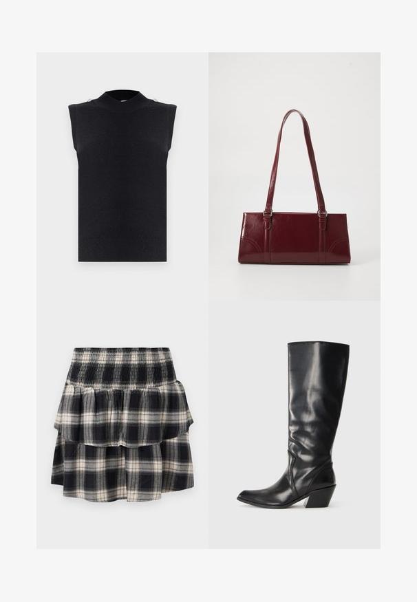 Veste sans manches en tricot noir avec col montant et deux petits boutons sur les coutures des épaules, tissu uni à texture mate.; Jupe à volants à carreaux noir et blanc avec taille smockée. Avec des couches froncées et une texture douce en coton.; Botte en cuir noir montante jusqu'au genou avec un bout pointu, un talon angulaire et une texture lisse. Présente une subtile couture sur le côté.; Sac à main bordeaux en matériau brillant, de forme rectangulaire, avec deux anses et des accents légèrement courbés à l'avant.