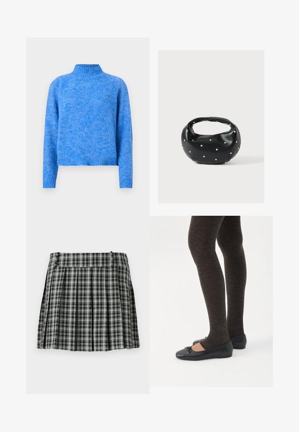Pull en maille bleu clair à col roulé avec une coupe légèrement cropped, des manches raglan et une finition douce et texturée. Le tissu a une apparence chinée.; Jupe plissée à carreaux noir et blanc avec une taille lisse et de multiples plis verticaux. Fabriquée en tissu léger.; Jambes portant des leggings côtelés foncés associés à des ballerines noires avec de petits détails en nœud sur fond blanc.; Sac à main en cuir noir de forme arrondie, décoré de clous argentés et équipé d'une poignée courte. Texture lisse et fermeture éclair.