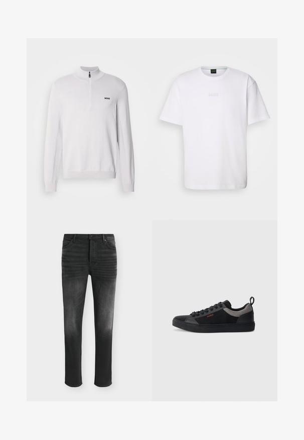 Sweater zippé blanc avec un col montant, texture côtelée et manches longues. Présente un petit logo noir "BOSS" sur la poitrine.; T-shirt en coton blanc à manches courtes, col rond, avec un logo « BOSS » en relief sur la poitrine. Texture lisse, coupe standard.; Jean skinny noir avec des détails délavés, style cinq poches et fermeture par bouton à la taille.; HUGO MORRIE - Baskets basses - black