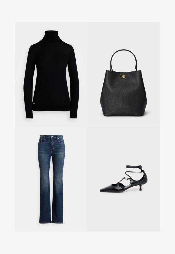 Sort rullekrave sweater lavet af strikket stof, med lange ærmer og en tætsiddende pasform. Inkluderer en lille logoaccent ved kanten.; Mørkeblå højhælede bootcut-jeans med høj talje, forreste knap og lommer, let falmede områder på lår og knæ, vist på hvid baggrund.; Sort spids kitten heel sko med ankelstropper og udskæringsdetaljer på siderne, vist på en ensfarvet lys baggrund.; Sort faux læder tote taske med en tekstureret overflade, buet form og et guld logo foran. Har to solide håndtag.