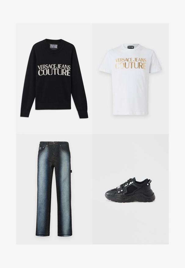 Mustas soonikkudega särk, millel on ümar kaelus. Esiküljel on kontrastse kreemja värviga "VERSACE JEANS COUTURE" logo. Ribide jaoks on kasutatud soonikute lõpptööd ja hem. Pehme tekstuur.; Valge puuvillane T-särk, millel on esiküljel rasvased kuldsed "VERSACE JEANS COUTURE" tähtedega kiri. Ümmargune kaelus ja lühikesed varrukad.; Tumed sinised teksapüksid, millel on ombre-disain, mis läheb üle sügavast mustast heledamaks siniseks, standardse viie tasku stiiliga ja helepesu tekstuuriga.; Mustad tossud, millel on massiivne tald, mis sisaldab võrgust paneele ja nahast detalje. Varustatud valgete paelte ja külje peal logoga.