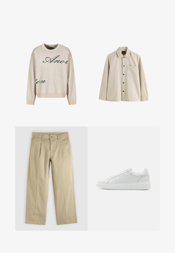 Jersey de punto beige con texto verde en cursiva. Cuello y puños acanalados, corte relajado, con una textura suave.; Camisa beige de manga larga con botones, cuello y un bolsillo en el pecho, hecha de una tela resistente.; Pantalones beige de pierna recta con pliegues frontales, trabillas para cinturón, bolsillos laterales y cierre de botón en la cintura.; Zapatilla de cuero blanco con una textura suave, punta redonda, diseño de perfil bajo y un logo sutil en el lateral. Cuello acolchado y cordones.