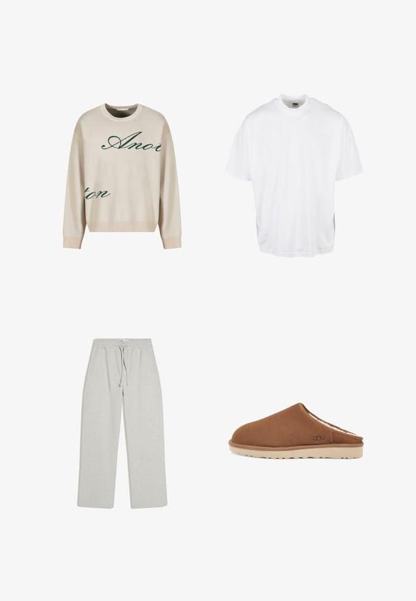 Beige strikket sweater med grønne kursiverede bogstaver. Ribbet halsudskæring og manchetter, afslappet pasform, med blød tekstur.; Hvid bomulds T-shirt med en afslappet pasform, korte ærmer og rund halsudskæring, med en lige kant og ingen synlige grafikker eller mønstre.; Lys grå joggingbukser med elastisk taljebånd og snor, lige ben og sidelommer, vist fladt på hvid baggrund.; Brune ruskinds slip-on slippers med for i shearling, beige gummisål og syede detaljer på overdelen. Ingen hæl, rund tå design.