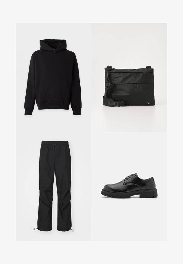 Sweat à capuche noir uni avec poche ventrale, manches longues et poignets et ourlet côtelés, présenté sur un fond clair.; Pantalons de survêtement légers et noirs avec une taille élastique, des accents zippés et des poignets ajustables ; présente une coupe ample et une texture lisse.; Chaussures en cuir noir avec un bout rond, un laçage et une semelle en caoutchouc épaisse et texturée. Présente des coutures le long du bord et une finition lisse.; Sac messager en nylon noir avec une sangle réglable, un design plat et une étiquette latérale arborant un logo. Texture lisse et style minimaliste.