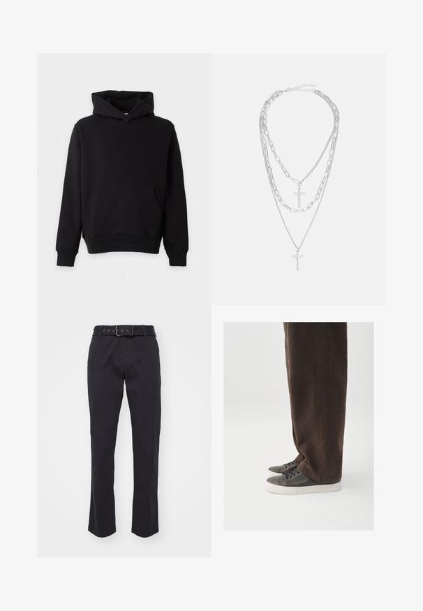 Schwarzes Kapuzen-Sweatshirt mit Kängurutasche, langen Ärmeln und gerippten Bündchen sowie Saum, vor hellem Hintergrund präsentiert.; Schwarze Baumwollhosen mit geradem Bein, ausgestattet mit einem Gürtel mit einer Metallschnalle und fünf Gürtelschlaufen. Glatte Textur ohne sichtbare Muster.; Dunkelbraune, strukturierte Hose kombiniert mit grauen Sneakern, die ein glattes Lederobermaterial, eine abgerundete Spitze und eine weiße Gummisohle aufweisen.; Silberne geschichtete Halskette mit zwei Ketten in unterschiedlichen Designs, jede mit einem kleinen Kreuzanhänger, mit polierter Oberfläche und verstellbarer Länge.