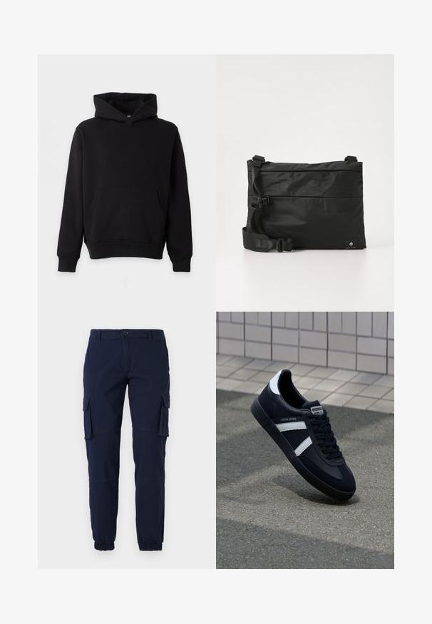 Yksinkertainen musta huppari, jossa on etutasku, pitkät hihat sekä resorit hihansuissa ja helmassa, esitetty vaalealla taustalla.; Navy cargo-housut elastisilla lahkeilla, joissa on useita sivutaskuja ja vetoketju. Valmistettu kestävästä kankaasta, jolla on sileä pinta.; Mustat nahkakengät valkoisilla raidoilla, teksturoitu kumipohja ja nauha edessä. Varustettu merkkitarralla kielen päällä.; Musta nailoninen olkalaukku säädettävällä remmillä, tasainen muotoilu ja sivulla logoa esittävä etiketti. Sileä pinta ja minimalistinen tyyli.