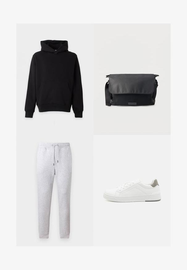 Schwarzes Kapuzen-Sweatshirt mit Kängurutasche, langen Ärmeln und gerippten Bündchen sowie Saum, vor hellem Hintergrund präsentiert.; Grau Sweatpants aus weichem Baumwollmix. Mit elastischem Bund und Kordelzug sowie schmalen Bündchen. Glatte Textur, keine Muster.; Weißer Sneaker aus glattem Leder, runde Zehenpartie, minimalistisches Design, graue Fersenkante und strukturierte Gummisohle.; Schwarze Messenger-Tasche mit Klappenverschluss und strukturiertem Vordertasche, verstellbarem Schultergurt und minimalistischem Design auf einfarbigem Hintergrund.