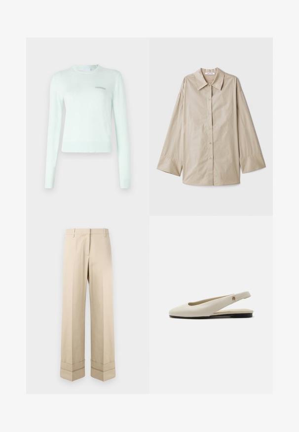 Mintgrøn sweater lavet af blødt stof, med lange ærmer, ribbet halsudskæring og manchetter samt et lille broderet logo på brystet.; Beige langærmet skjorte med en stor spidse krave, knaplukning foran og brede manchetter. Lavet af et glat, let stof.; Beige bukser med lige pasform, der har en dobbelt manchet i kanten og en flad frontdesign. Lavet af glat, slidstærkt stof.; Flatsko i cremefarvet læder med rundet tå og lille guldemblem på remmen.