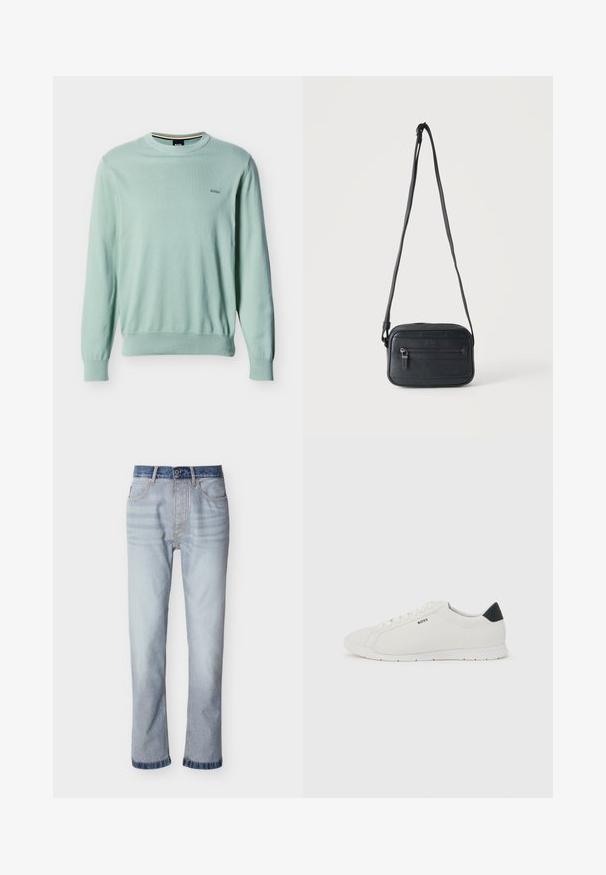 Pull à manches longues vert clair avec col rond, poignets et ourlet côtelés, petit logo "BOSS" brodé sur la poitrine gauche.; Jean denim bleu clair avec une ceinture bleu foncé, coupe droite, cinq poches et détails de couture visibles.; Baskets blanches basses avec languette de talon noire, lacets blancs et logo "BOSS" sur le côté, présentées sur un fond clair uni.; Sac bandoulière noir avec une poche zippée à l'avant, surface texturée et bandoulière réglable suspendu sur un fond clair uni.