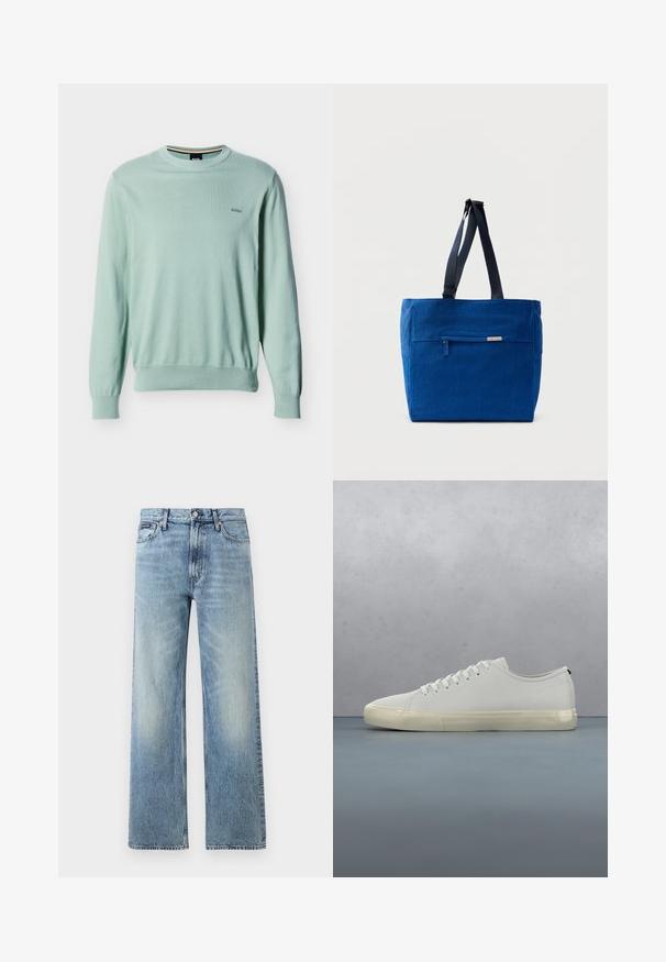 Pull à manches longues vert clair avec col rond, poignets et ourlet côtelés, petit logo "BOSS" brodé sur la poitrine gauche.; Jean droit en denim bleu clair avec taille haute, cinq poches, fermeture à boutons et léger délavage sur les cuisses et les genoux.; Baskets en cuir blanc avec lacets flottant au-dessus de carreaux en bois carrés et de petits cailloux, avec un arbre et un fond gris.; Sac fourre-tout en toile bleue avec une poche zippée à l'avant, des doubles bretelles et une forme rectangulaire. Dispose d'une étiquette de marque discrète.