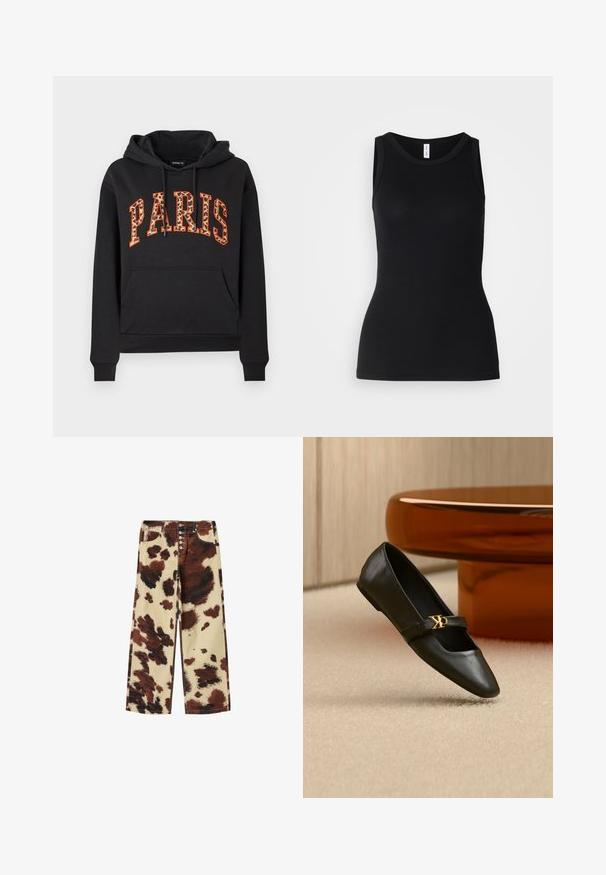 Sweat à capuche noir avec poche kangourou et "PARIS" écrit en grandes lettres à imprimé léopard, bordées d'orange, sur la poitrine.; Débardeur noir sans manches en tissu côtelé, avec un col rond et une coupe ajustée, à la texture douce et sans motifs.; Pantalon à jambes larges avec motif en cuir de vache marron et crème, fermeture éclair à cinq boutons, poches avant et coutures visibles.; Chaussure plate en cuir noir avec bout pointu et logo CK doré sur la bride, posée sur un tapis beige près d'une table ronde couleur ambre brun.