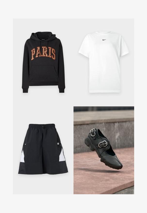 Sweat à capuche noir avec poche kangourou et "PARIS" écrit en grandes lettres à imprimé léopard, bordées d'orange, sur la poitrine.; T-shirt blanc à manches courtes avec col ras du cou, portant un petit logo Nike en forme de swoosh noir centré sous le col.; Shorts de sport noirs et blancs avec taille élastique et cordon de serrage, ornés du logo swoosh de Nike et d'un petit patch sur le côté droit.; Chaussure noire à bout fendu avec deux boucles argentées, semelle épaisse et détails perforés, flottant au-dessus d'une surface en pierre.
