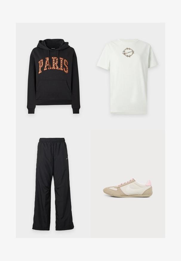 Sweat à capuche noir avec poche kangourou et "PARIS" écrit en grandes lettres à imprimé léopard, bordées d'orange, sur la poitrine.; T-shirt en coton vert clair avec un motif central de fil barbelé entourant un logo. Encolure ronde et manches courtes. Texture douce.; Pantalon de sport noir avec une ceinture élastique, des poches latérales et une coupe ample. Confectionné dans un tissu léger et lisse avec un léger éclat.; Baskets profil bas beige et blanc avec des accents et lacets roses, avec un grand logo swoosh blanc sur le côté.