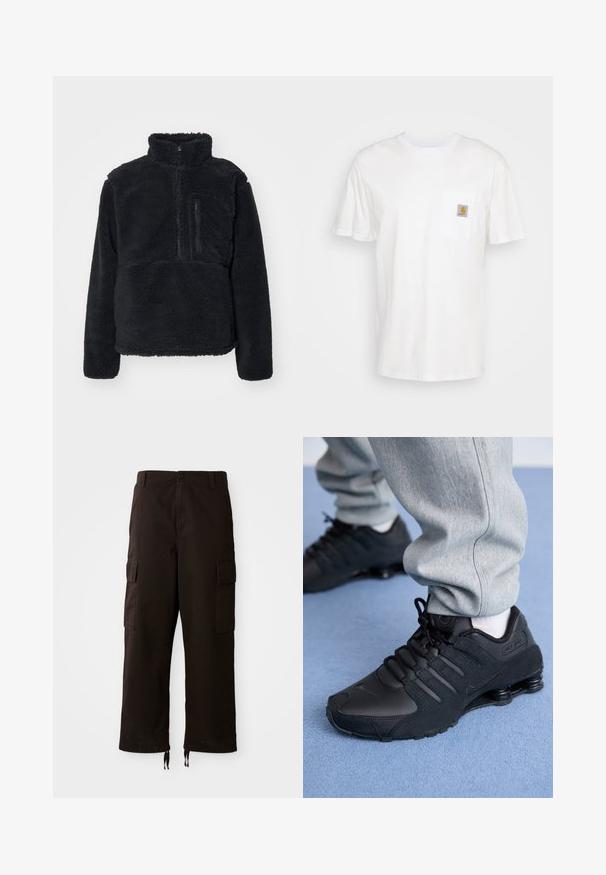 Sort pullover lavet af blødt, struktureret fleece. Har en høj krave, en delvis lynlås og en lynlås lomme på brystet.; Hvid bomulds T-shirt med korte ærmer, en brystlomme, og et lille firkantet logo patch i orange og hvid på lommen.; Sorte cargo-bukser med en afslappet pasform, der har to sidelommer, en knaplukning og justerbare snore i kanten.; Person iført sorte Nike Shox sneakers og grå joggingbukser, der står på lyseblåt tæppe.