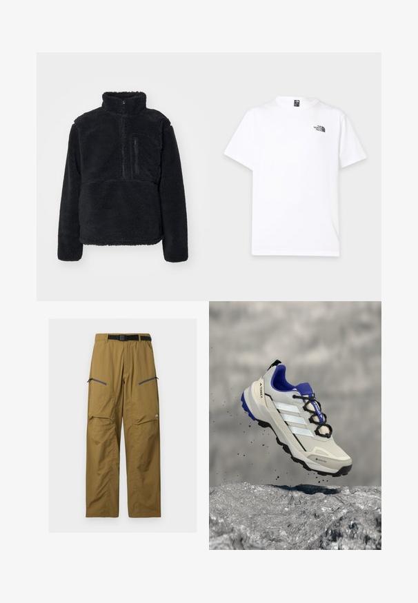 Zwarte pullover van zacht, getextureerd fleece. Voorzien van een hoge kraag, een gedeeltelijke rits en een ritsvak op de borst.; Wit T-shirt met korte mouwen, ronde hals en klein zwart The North Face-logo op de bovenste linkerborst.; Kaki outdoorbroek met zwarte verstelbare riem, twee zakken op de dij met rits en kniezomen, getoond tegen een effen achtergrond.; Lichtgrijze en blauwe Adidas Terrex Gore-Tex trailrunningschoen in de lucht boven rotsachtig terrein met vallende stofdeeltjes.