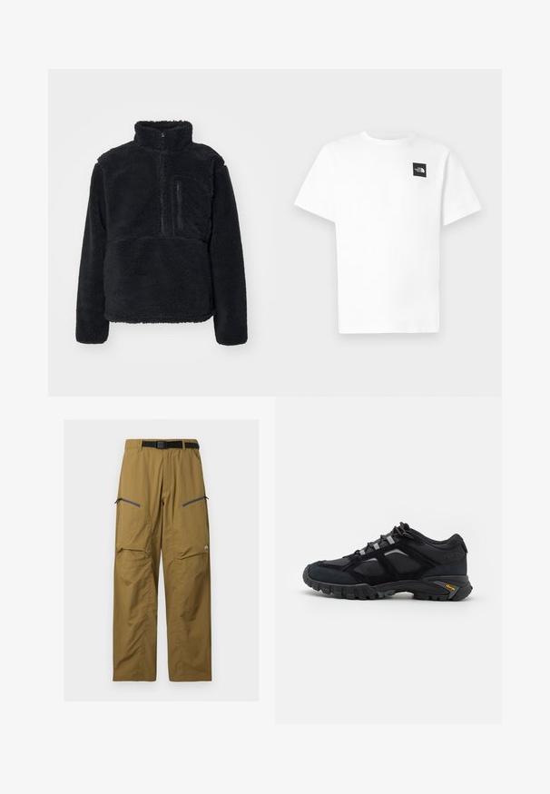 Sort pullover lavet af blødt, struktureret fleece. Har en høj krave, en delvis lynlås og en lynlås lomme på brystet.; Hvid bomulds-T-shirt med korte ærmer, der har et sort firkantet logo på venstre bryst og rund halsudskæring.; Khaki udendørs bukser med sort justerbart bælte, to lynlåslommer på låret og knæsyninger, vist på en ensfarvet baggrund.; Sort udendørs sko lavet af ruskind og mesh med en robust sål. Har grå accenter og Vibram-branding på siden. Snøredesign.
