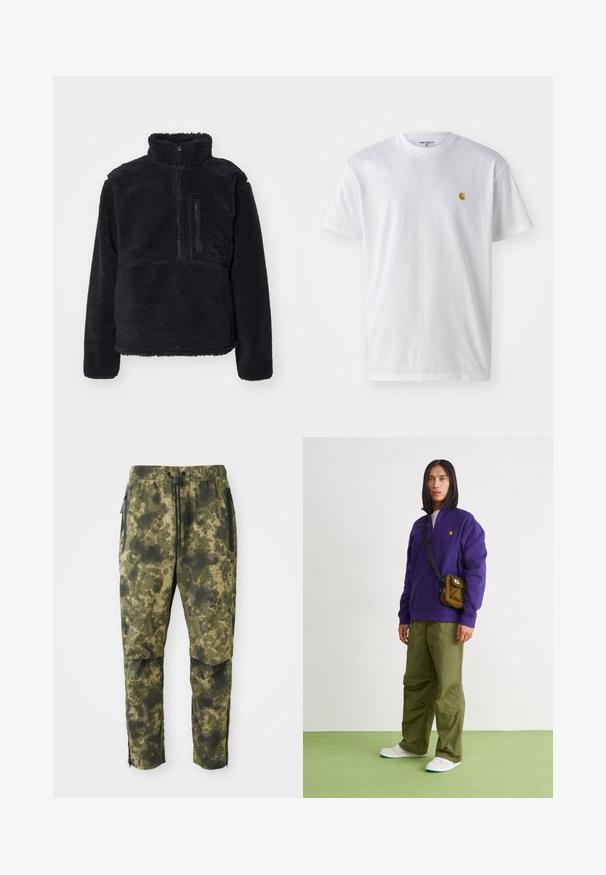 Sort pullover lavet af blødt, struktureret fleece. Har en høj krave, en delvis lynlås og en lynlås lomme på brystet.; Hvid bomulds t-shirt med korte ærmer, rund hals og et lille guld logo på venstre brystområde. Blød tekstur og almindelig pasform.; Kamuflagebukser i forskellige nuancer af grøn med et digitalt mønster. Har elastisk talje, snor og sidelommer med lynlås.; Jordan AIR JORDAN 1 ZM CMFT 2 - Sneakers high - summit white/bicoastal/oxidized green