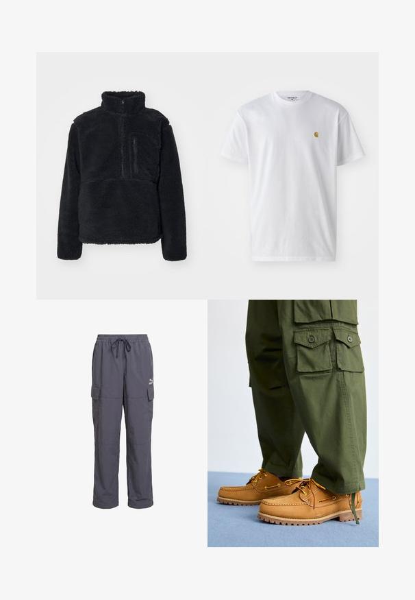 Sort pullover lavet af blødt, struktureret fleece. Har en høj krave, en delvis lynlås og en lynlås lomme på brystet.; Hvid bomulds t-shirt med korte ærmer, rund hals og et lille guld logo på venstre brystområde. Blød tekstur og almindelig pasform.; Mørkegrå løstsiddende cargobukser med elastisk taljebånd, snøre og klaplommer på siderne, med Puma-logo på højre lår.; Timberland AUTHENTIC 3 EYE - Sejlersko - wheat