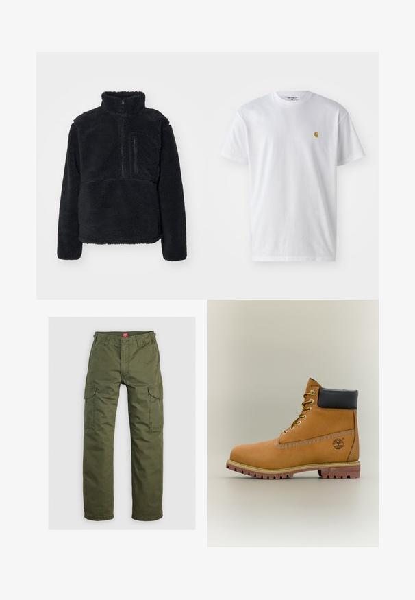 Sort pullover lavet af blødt, struktureret fleece. Har en høj krave, en delvis lynlås og en lynlås lomme på brystet.; Hvid bomulds t-shirt med korte ærmer, rund hals og et lille guld logo på venstre brystområde. Blød tekstur og almindelig pasform.; Olivengrønne cargo bukser lavet af slidstærkt stof, med sidelommer, knaplukning og lige ben design.; Brun læderankelstøvle med sort krave, gule snørebånd og tanfarvet sål. Har logo og hvide syninger som detalje. Robust ydersål med greb.
