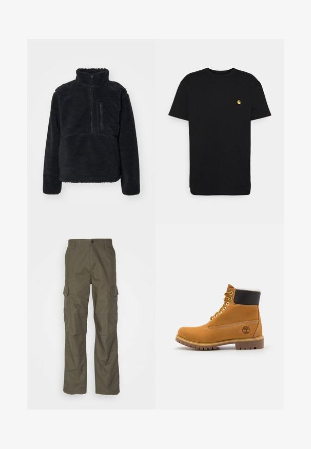 Sort pullover lavet af blødt, struktureret fleece. Har en høj krave, en delvis lynlås og en lynlås lomme på brystet.; Sort bomulds t-shirt med korte ærmer, rund halsudskæring og et lille gult logo på venstre brystområde. Enkel design og almindelig pasform.; Olivenfarvede cargo bukser med lige snit, lavet af tekstureret stof. Har store sidelommer og knaplukning.; Brune læder ankelstøvle med metaløjer, hvid pelsforing, sort polstret krave, robust sål og præget logo på siden.