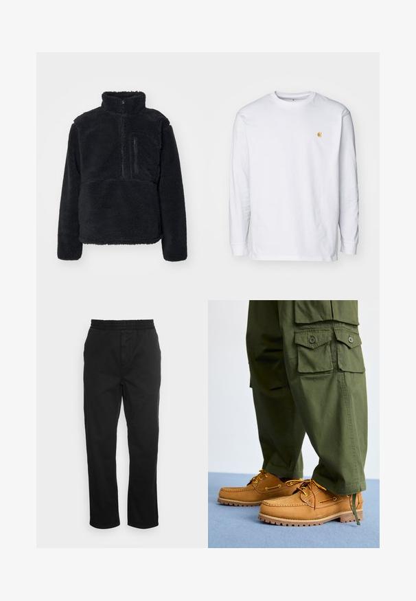 Sort pullover lavet af blødt, struktureret fleece. Har en høj krave, en delvis lynlås og en lynlås lomme på brystet.; Hvid langærmet t-shirt lavet af bomuld. Har et lille gyldent logo på brystet og en rund halsudskæring. Enkel design og standard pasform.; Sorte bomuldsbukser med elastisk talje, lige ben og sidelommer. Glat tekstur uden mønstre eller accenter.; Timberland AUTHENTIC 3 EYE - Sejlersko - wheat