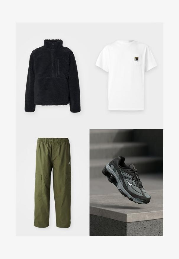 Zwarte pullover van zacht, getextureerd fleece. Voorzien van een hoge kraag, een gedeeltelijke rits en een ritsvak op de borst.; Wit katoenen t-shirt met korte mouwen en een borstzakje met een berglogo in zwart en goud. Eenvoudig, onopgesmukt ontwerp.; Nike cargo broek in donkergroen olijf, met een elastische tailleband, twee zijzakken en een gladde, lichte stof.; Grijze en zwarte sportieve sneaker met meshpanelen en dikke zool, zwevend in de lucht boven een betonnen richel met trappen op de achtergrond.