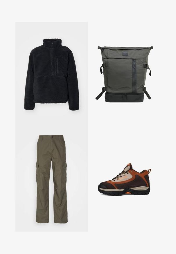 Sort pullover lavet af blødt, struktureret fleece. Har en høj krave, en delvis lynlås og en lynlås lomme på brystet.; Olivenfarvede cargo bukser med lige snit, lavet af tekstureret stof. Har store sidelommer og knaplukning.; Brun og beige vandresko med sort sål, metaløjer, bånd ved hælen og "DC SHOE CO USA" branding på siden.; Grøn stof rygsæk med design til rulle-top, lynlås foran lomme, justerbare stropper og en sort bundpanel. Har en struktureret overflade.