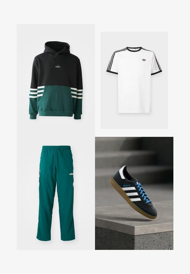Zwarte en donkergroene Adidas hoodie met een voorkennis, drie witte strepen op de mouwen en het Adidas-logo op de borst.; Witte katoenen t-shirt met zwart geribde halslijn en mouwen, met drie zwarte strepen op elke schouder en een klein logo op de borst.; Groene sportbroek gemaakt van lichtgewicht stof, met een elastische tailleband, zijzakken en een wit Adidas-logo aan de linkerzijde.; Zwarte Adidas-sneaker met witte strepen, blauwe veters en een gumzool die boven een grijze betonnen trede zweeft in zacht licht.