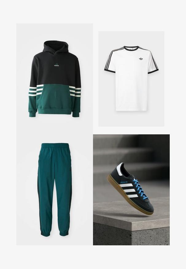 Sudadera Adidas negra y verde oscuro con bolsillo frontal, tres rayas blancas en las mangas y logo de Adidas en el pecho.; Camiseta de algodón blanca con cuello y mangas de canalé negro, con tres rayas negras en cada hombro y un pequeño logo en el pecho.; Pantalones deportivos en color verde azulado con cintura ajustable por cordón, puños elásticos y rayas negras en los lados. Fabricados con un tejido ligero, presentan un logo cerca de la cadera.; Zapatilla negra Adidas con franjas blancas, cordones azules y suela de goma flotando sobre un escalón de hormigón gris con luz suave.