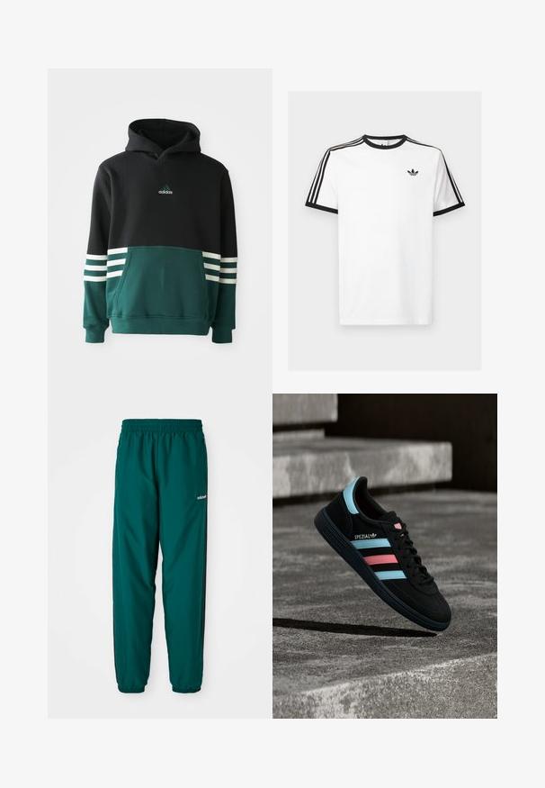 Sudadera Adidas negra y verde oscuro con bolsillo frontal, tres rayas blancas en las mangas y logo de Adidas en el pecho.; Camiseta de algodón blanca con cuello y mangas de canalé negro, con tres rayas negras en cada hombro y un pequeño logo en el pecho.; Pantalones deportivos verdes de tela ligera, con cintura elástica, bolsillos laterales y franjas laterales negras. Logo de Adidas visible.; Zapatilla negra Adidas Spezial con rayas azules y rosas, flotando sobre una superficie de hormigón gris texturizada con sombra debajo.