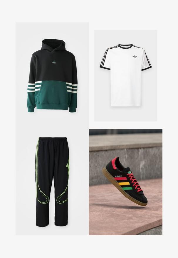 Sudadera Adidas negra y verde oscuro con bolsillo frontal, tres rayas blancas en las mangas y logo de Adidas en el pecho.; Camiseta de algodón blanca con cuello y mangas de canalé negro, con tres rayas negras en cada hombro y un pequeño logo en el pecho.; Pantalones deportivos Adidas negros con líneas curvas en verde neón y tres franjas en los laterales, cinturilla elástica y logo de Adidas en el muslo delantero.; Zapatilla Adidas Spezial negra con rayas rojas, amarillas y verdes, cordones rojos, suela de goma y detalle rojo en el talón, mostrada flotando sobre el pavimento.