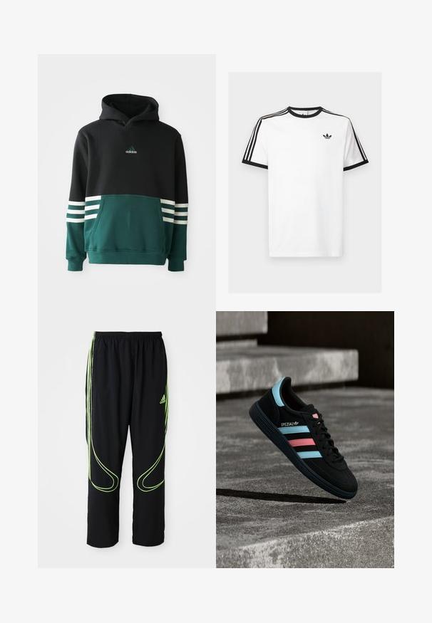 Schwarzer und dunkelgrüner Adidas-Hoodie mit einer Fronttasche, drei weißen Streifen an den Ärmeln und dem Adidas-Logo auf der Brust.; Weißes Baumwoll-T-Shirt mit schwarzem Rippenkragen und Ärmeln, mit drei schwarzen Streifen auf jeder Schulter und einem kleinen Logo auf der Brust.; Schwarze Adidas Sportpants mit neongrünen, gebogenen Linien und drei Streifen an den Seiten, elastischem Bund und Adidas-Logo am Vorderoberschenkel.; Schwarzer Adidas Spezial Sneaker mit blauen und pinken Streifen, der über einer strukturierten grauen Betonoberfläche mit Schatten darunter schwebt.